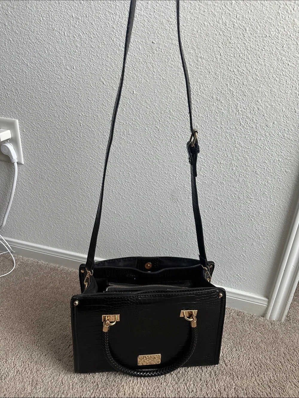 bebe Black Croc-Embossed Satchel with Gold Hardware